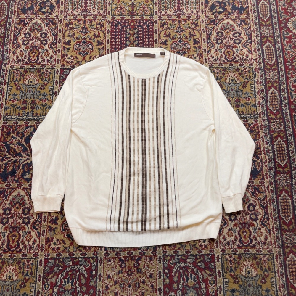 VTG 90s Perry Ellis Mens Cream Striped Crewneck Sweater Size L Rayon Blend Light